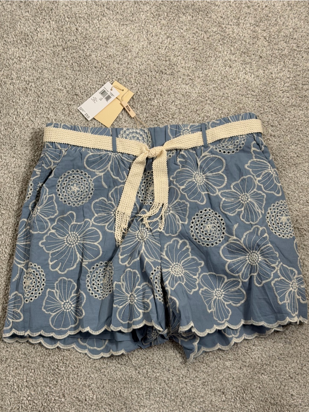Blue Floral Eyelet Shorts with Cream Waistband